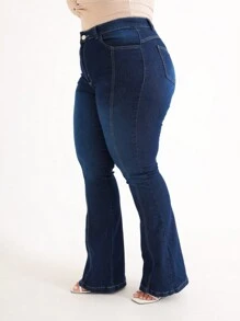 Women's Plus Size Flare Pants Dark Blue Jeans With Rib - Màu xanh lam - Xem 3