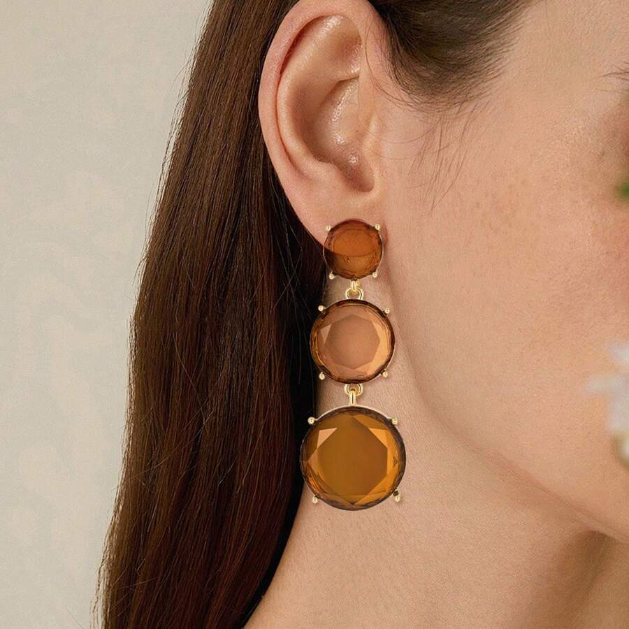 1 对仿琥珀石吊坠耳环，复古波西米亚风格，时尚吊坠耳环，非常适合周年纪念和生日礼物、派对和晚会配饰 - 棕色 - 查看 1