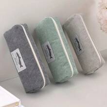 1 个大容量铅笔盒，带鲨鱼刺绣，灯芯绒材料，坚固拉链，适用于笔和文具，可清洗，多用途收纳袋 - 彩色 - 查看 1