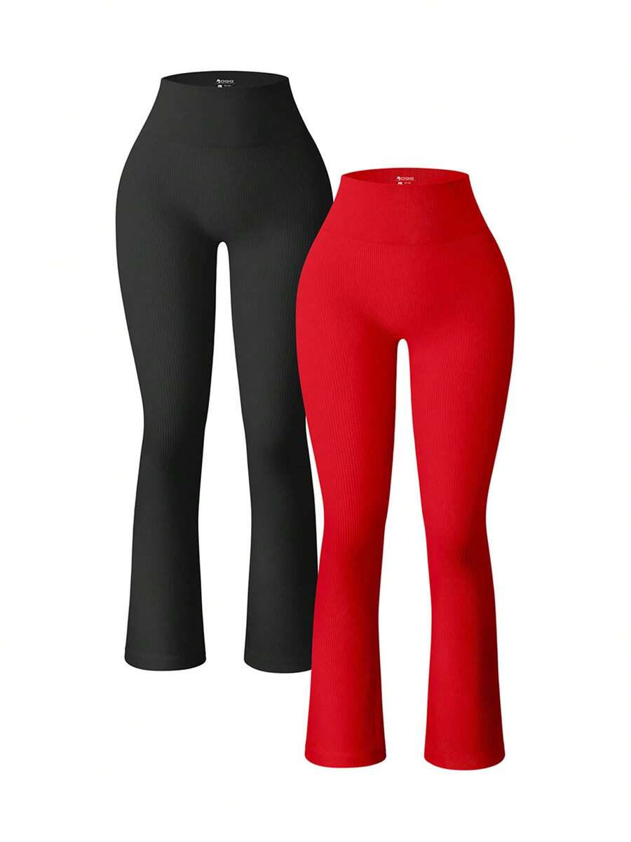 OQQ Women's 2 Piece Yoga Pants Ribbed Seamless Workout High Waist Bell Bottoms Flare Leggings - 黑色,紅色 - 查看 1