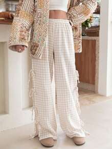 Women Y2k Tie Up Gingham Pants High Rise Elastic Waist Wide Leg Loose Lounge Bottom Pants - Khaki - View 3