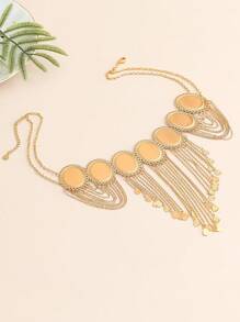 1pc Fashionable Layered Oval Pendant Engraved Flower Copper Coin Necklace For Women Birthday, 18K Gold Plated Brass Tassels Chain Necklace