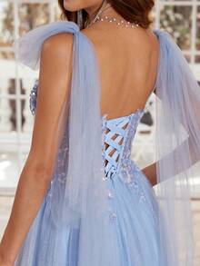 Váy dạ hội ren lấp lánh có nơ dây mảnh thêu kim sa lưới Đầm dạ hội dài chấm đất dáng chữ A Đầm dạ hội dự tiệc buộc dây sau lưng Váy dạ hội về quê cho thanh thiếu niên có corset xương cá, Đầm trang trọng thanh lịch, Dành cho khách dự tiệc cưới, Tốt nghiệp, Tiệc tối - Màu xanh nhạt - Xem 3