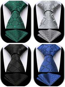 Conjunto de corbata y pañuelo de bolsillo de cuadros escoceses trenzado, clásico y formal, de alta calidad en jacquard, en colores negro, verde, azul y gris, para hombres