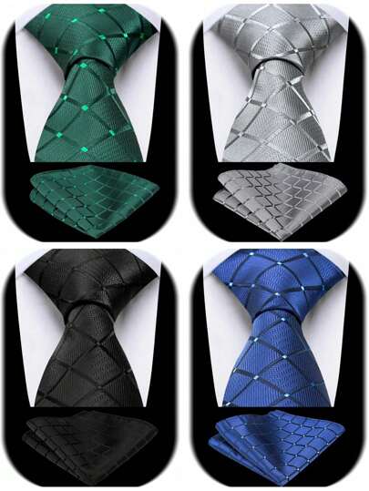 Plaid Checkered Tie Handkerchief Woven Classic Formal Men's Necktie & Pocket Square Set Black Green Blue Gray High Quality Jacquard Necktie For Man