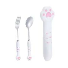 2/3pcs Stainless Steel Portable Tableware Fork Spoon Set With Cute Cat Claw Box - Durable, Easy-To-Clean, Ergonomic Coffee And Dessert Spoons For Home, Kitchen, And Restaurant Use With Adorable Cat-Shaped Design, Back To School
