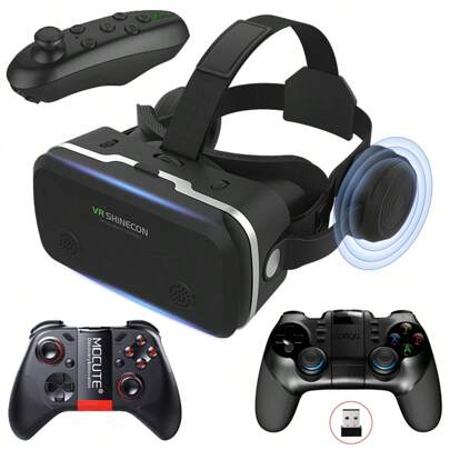 Virtual Reality VR Glasses 3D Headset Devices Viar Helmet Goggles Lenses Smart For Smartphones Phone Mobile With Gamepad Controller Headphone, Supports 4.7-7.0-Inch Devices