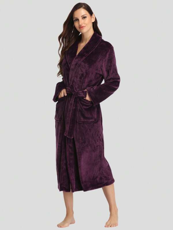 1 pezzo Vestaglia semplice e ampia in flanella spessa per donna, comoda e calda, in grigio con colletto, abbigliamento da notte per uso domestico, adatta per autunno/inverno, morbida e soffice