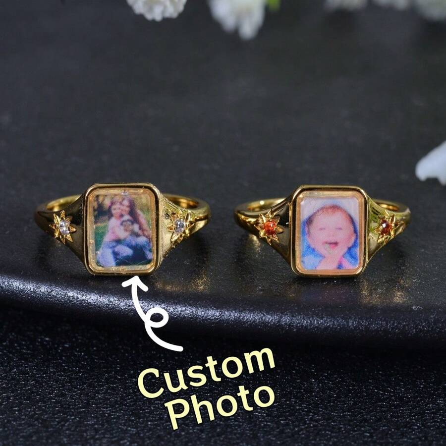 Nhẫn khắc ảnh bằng thép không gỉ tùy chỉnh, Nhẫn in ảnh màu cá nhân. Khắc hình ảnh thú cưng/người tùy chỉnh, Thích hợp cho các cặp đôi, Quà tặng sinh nhật, ngày lễ - Vàng - Xem 1