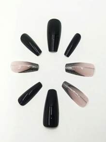 24 piezas uñas postizas en forma de ataúd con línea plateada francesa en color negro con pegamento de gelatina y lima de uñas, suministros para uñas uñas falsas uña falsa uña acrílica - Negro - Ver 3