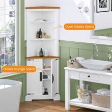 Gabinete de esquina, aparador, gabinete bar, gabinete de baño de esquina con 2 puertas y 3 estantes, gabinete de almacenamiento de esquina independiente para baño, sala de estar, dormitorio o cocina, Color: Blanco+Marrón - Blanco - Ver 3