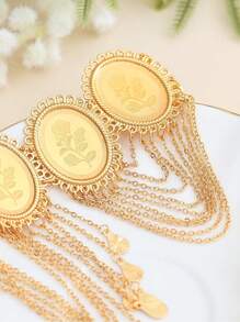 1pc Fashionable Layered Oval Pendant Engraved Flower Copper Coin Necklace For Women Birthday, 18K Gold Plated Brass Tassels Chain Necklace