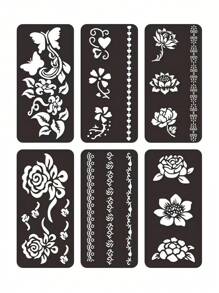 32 件装指甲花纹身模板，花卉图案手绘临时纹身，可重复使用人体艺术模板 - 黑色 - 查看 6