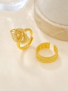 1 件时尚复古 18K 金几何花卉开口戒指，适合节日、约会、婚礼 - 金黃色 - 查看 3