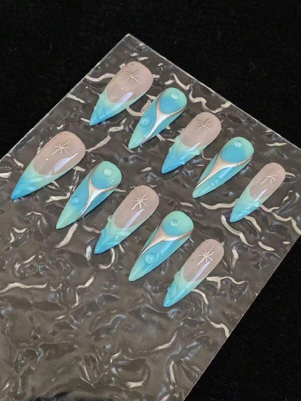 10 peças de unhas puras feitas à mão, tipo gota d'água, pintadas à mão, francesas, modelagem tridimensional, tecnologia de cola, óculos de sol em forma de estrela de oito pontas pintados à mão, podem ser dados a amigos e namoradas como presentes de aniversário ou usados por você mesmo.