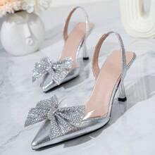 女士银色高跟尖头金属皮革透明果冻蝴蝶结水钻带时尚高跟鞋 - 銀色 - 查看 5