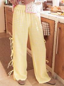 Women Wide-Leg Pants Plaid/Stripe Print Side Tie-Up Loose Trousers Spring Summer Casual Sweatpants Bottoms - Màu vàng - Xem 3