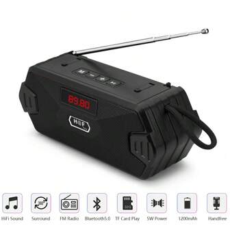 Outdoor Portable Bluetooth Speaker With FM Radio Receiver, Wireless Subwoofer Music Sound Box, Bass Hi-Fi Blutooth Home/Car Blutooth, Includes Antenna, Card Slot, Phone Stand, Carrying Handle