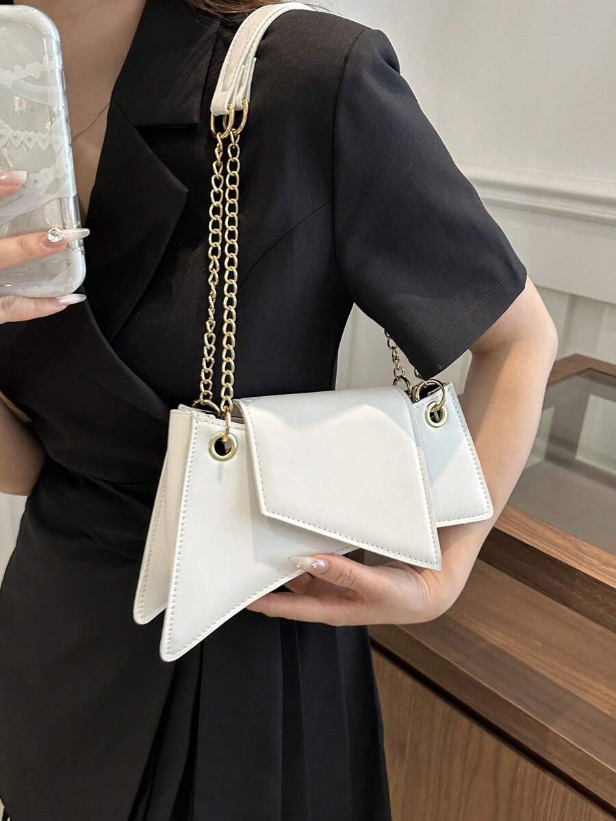 Fashionable Green Unique Shaped Chain Shoulder Bag - White - View 1