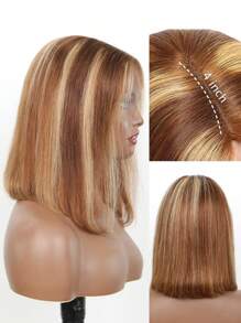 Peluca de cabello humano corta tipo bob con ombré y mechas, 6x4 pulgadas, sin pegamento, con ombré en 4/27, cabello prepluckeado, peluca frontal de encaje con pelo del bebé, lista para usar para principiantes, densidad de 180 - SP4/27 - Ver 3