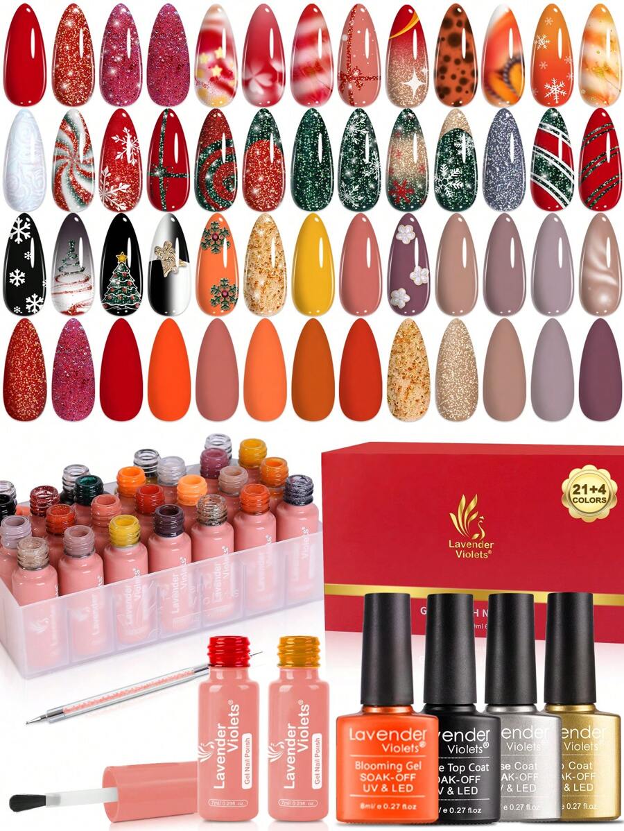 Lavender Violets® 25 Pcs Gel Nagellack Weihnachten Set Winter Gefrorener Splitter Diamant Gold Romantisches Eis Weihnachtsgeschenk Set Soak Off UV LED Base,Glossy n Matte Top Coat Maniküre Lack