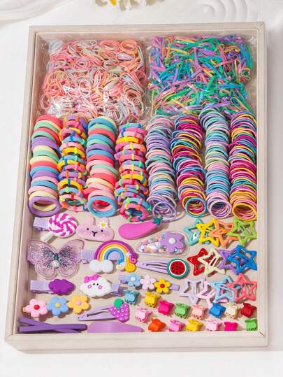 VBOOR 879pcs/Set Cute Purple Cartoon Hair Accessories Set, Including Hair Ties, Hair Scrunchies, Cartoon Hair Clips, BB Clips, Small Claw Clips - Suitable For Girls And Women, Daily Hairstyle Matching - Women Hair Ornaments, 2025 New Fashion Hair Accessories, School Stuff, Gifts