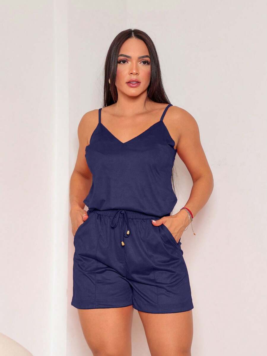 Suede Shorts And Basic Strap Tank Top Set, Summer Trend, Plus Size Size M To EXG - 藏蓝色 - 查看 1