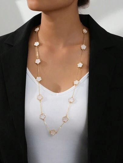 1pc Elegant White Lucky Clover Pendant Women's Long Chain Necklace, Suitable For Sweater Accessories Valentines