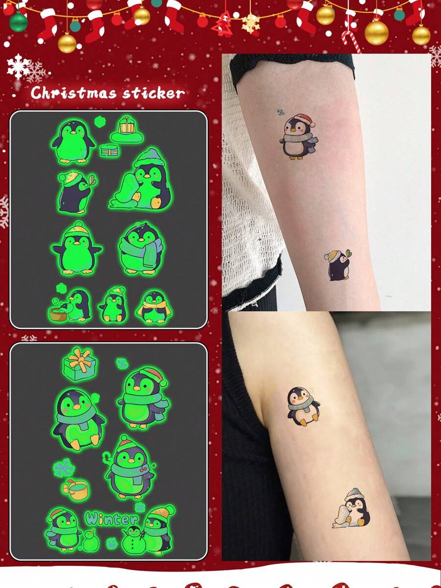 2 件圣诞卡通夜光贴纸临时纹身防水防汗一次性纹身贴纸男女适用脸部、颈部、手臂身体艺术假纹身 - 彩色 - 查看 1
