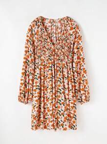 CILKOO 米色花卉深 V 领褶饰胸围泡泡袖荷叶边娃娃装度假连衣裙，带口袋 - 米色 - 查看 7