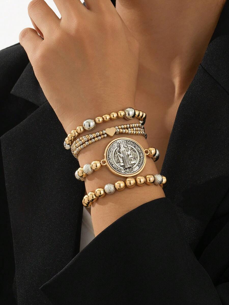 Set de 4 piezas Pulsera de caja con cuentas corazón vintage delicada, Rosario de oración de San Benito, accesorios de joyería aptos para todas las estaciones, exquisito regalo para San Valentín