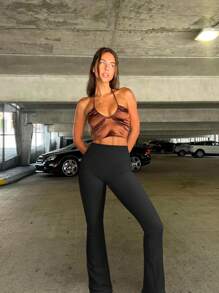 OQQ Women's 2 Piece Yoga Pants Ribbed Seamless Workout High Waist Bell Bottoms Flare Leggings - 黑色,深灰色 - 查看 2