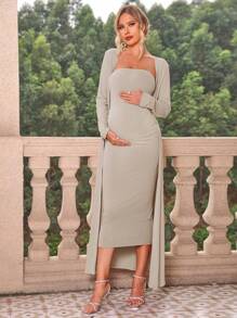 Joyfunear 2pcs/Set Pregnant Women Solid Color Fitted Minimalist Tube Dress And Long Sleeve Maxi Cardigan