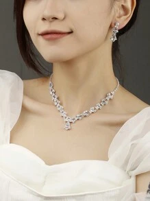 Bộ trang sức gồm 4 chiếc vòng cổ, vòng tay, hoa tai đính đá hoàn toàn cho đám cưới, dạ hội, váy cưới - Bạc - Xem 8