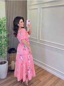 Women's Midi Dress Short Sleeve Delicate Floral Loose Modest Princess Dress - Màu Hồng baby - Xem 4