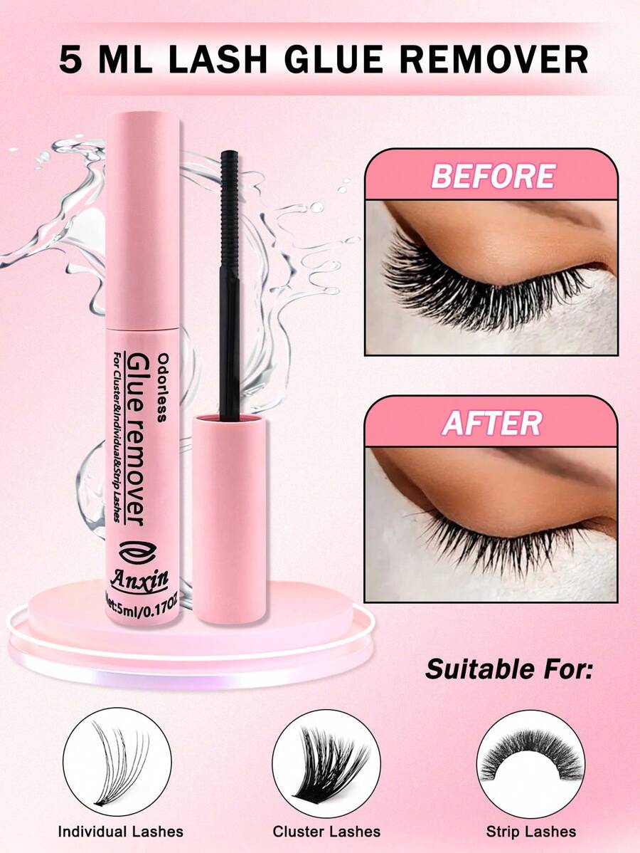 1瓶5毫升无香型睫毛胶水卸除液，适用于卸除簇状假睫毛胶水、条状假睫毛胶水，DIY睫毛卸除液，温和舒缓眼部清洁液 - 粉色 - 查看 1