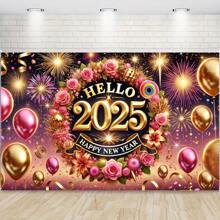 2025 新年祝福横幅 - 金色和粉色气球花环、涤纶派对背景和摄影道具 - 彩色 - 查看 5