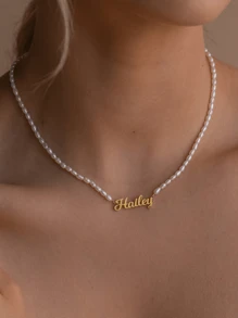 ABL Minimalist 个性化珍珠名字项链，定制 18K 镀金不锈钢精致颈链，极简主义珍珠首饰，送给她的礼物，母亲节礼物，情人节礼物，伴娘礼物，婚礼礼物 - 彩色 - 查看 7