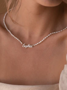ABL Minimalist 个性化珍珠名字项链，定制 18K 镀金不锈钢精致颈链，极简主义珍珠首饰，送给她的礼物，母亲节礼物，情人节礼物，伴娘礼物，婚礼礼物 - 彩色 - 查看 6
