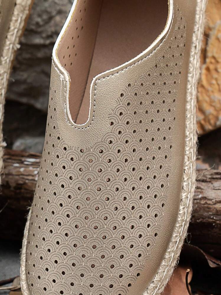 Zapatos tipo slip-on con agujeros para mujer, cómodos y versátiles zapatos planos trenzados tipo pescador, mocasines casuales para uso diario - Dorado - Añade 6