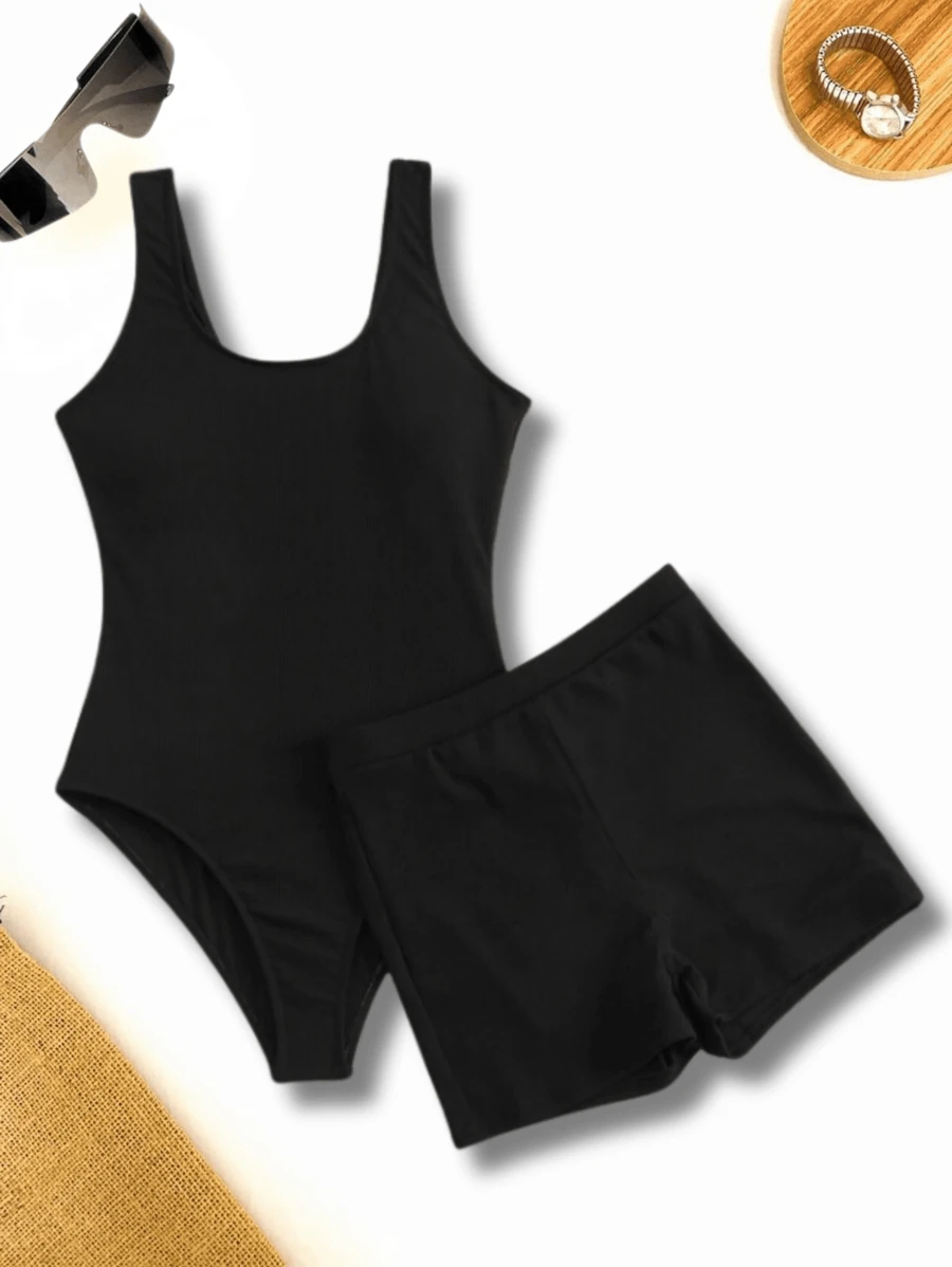 Summer Beach Solid One Piece Swimsuit With Shorts For Beach Cover Up, Swimwear - màu đen - Xem 1