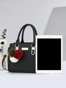 女士手提包，多功能休闲单肩包，斜挎包，托特包，商务休闲女士手提包，毛球吊坠工作包，创意妈妈包，最佳母亲节礼物 - 黑色 - 查看 4