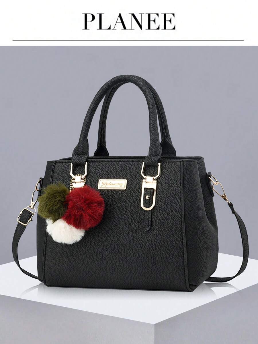 女士手提包，多功能休闲单肩包，斜挎包，托特包，商务休闲女士手提包，毛球吊坠工作包，创意妈妈包，最佳母亲节礼物 - 黑色 - 查看 1