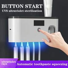 1 pieza Esterilizador de cepillo de dientes UV, soporte para cepillo de dientes montado en la pared 99% libre de bacterias con dispensador automático de pasta de dientes, sin necesidad de perforar, recargable con energía solar y DC5V, decoración para el hogar y el baño, decoración de otoño, de vuelta a la escuela