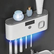 1 pieza Esterilizador de cepillo de dientes UV, soporte para cepillo de dientes montado en la pared 99% libre de bacterias con dispensador automático de pasta de dientes, sin necesidad de perforar, recargable con energía solar y DC5V, decoración para el hogar y el baño, decoración de otoño, de vuelta a la escuela