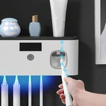 1 pieza Esterilizador de cepillo de dientes UV, soporte para cepillo de dientes montado en la pared 99% libre de bacterias con dispensador automático de pasta de dientes, sin necesidad de perforar, recargable con energía solar y DC5V, decoración para el hogar y el baño, decoración de otoño, de vuelta a la escuela