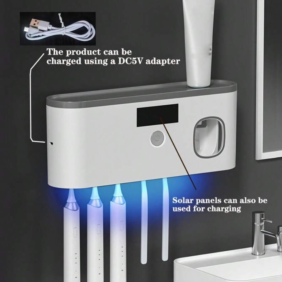 1 pieza Esterilizador de cepillo de dientes UV, soporte para cepillo de dientes montado en la pared 99% libre de bacterias con dispensador automático de pasta de dientes, sin necesidad de perforar, recargable con energía solar y DC5V, decoración para el hogar y el baño, decoración de otoño, de vuelta a la escuela