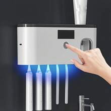 1 pieza Esterilizador de cepillo de dientes UV, soporte para cepillo de dientes montado en la pared 99% libre de bacterias con dispensador automático de pasta de dientes, sin necesidad de perforar, recargable con energía solar y DC5V, decoración para el hogar y el baño, decoración de otoño, de vuelta a la escuela
