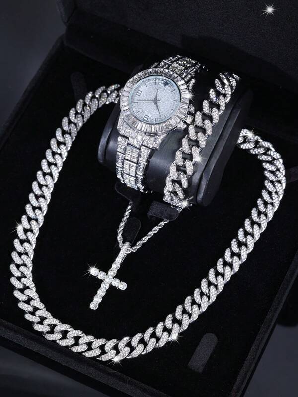 4pcs/Set European And American Hip-Hop Fashion Cuban Bracelet Necklace Set With Shiny Quartz Watch And Cross Pendant Necklace, Men'S Accessories, The Best Gift For Dad, Boyfriend, Brother