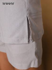 WUUW Women's Tailored Set, Top With Buttons, Vest + Shorts, Women's Work Set - 淺灰紫 - 查看 6